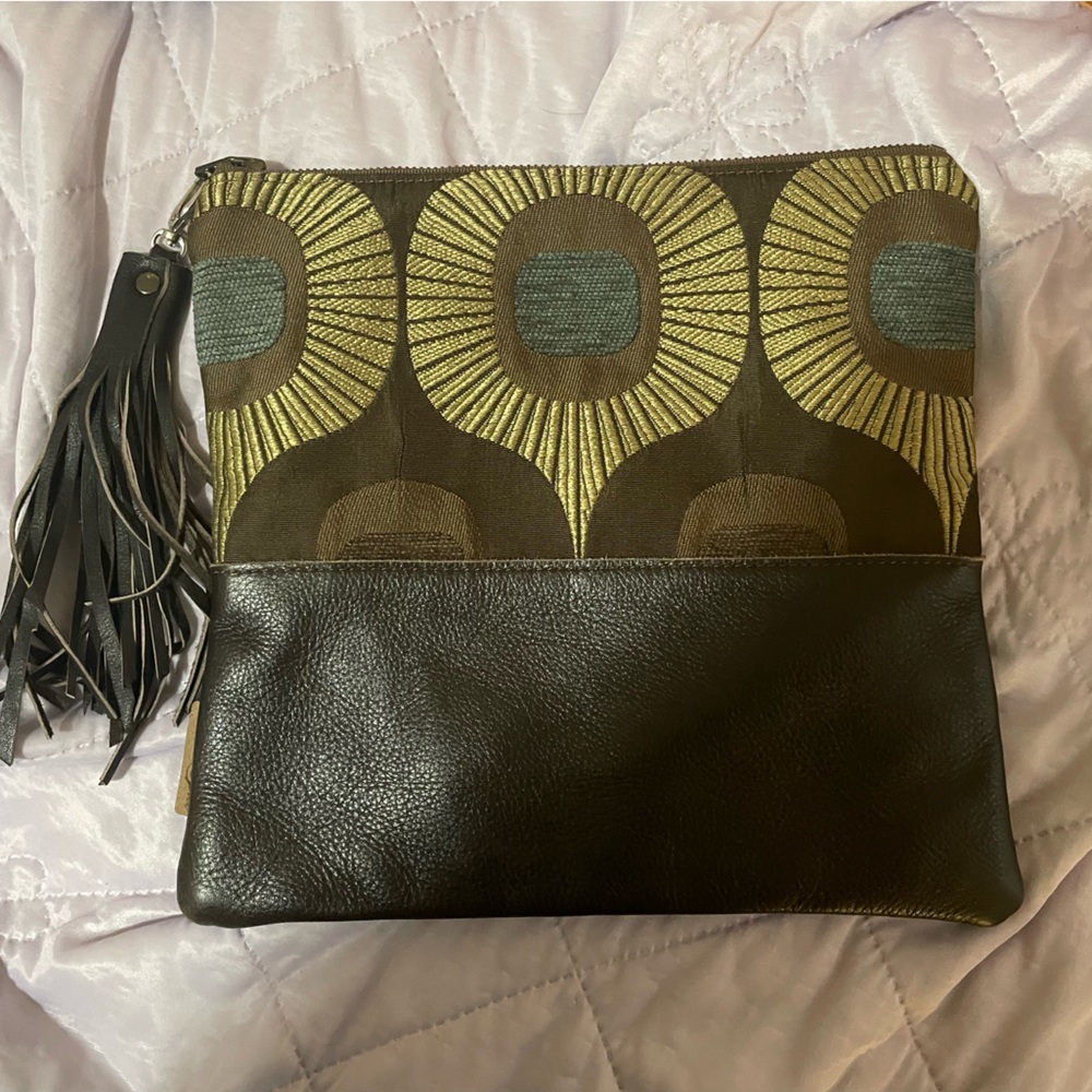 Wool & Spice Gold and Brown Geometric Clutch with Fringe